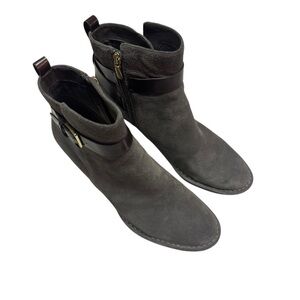 Clarks Womens Spiced River Ankle Boots Booties Gray Suede Mid High Zip Strap 10